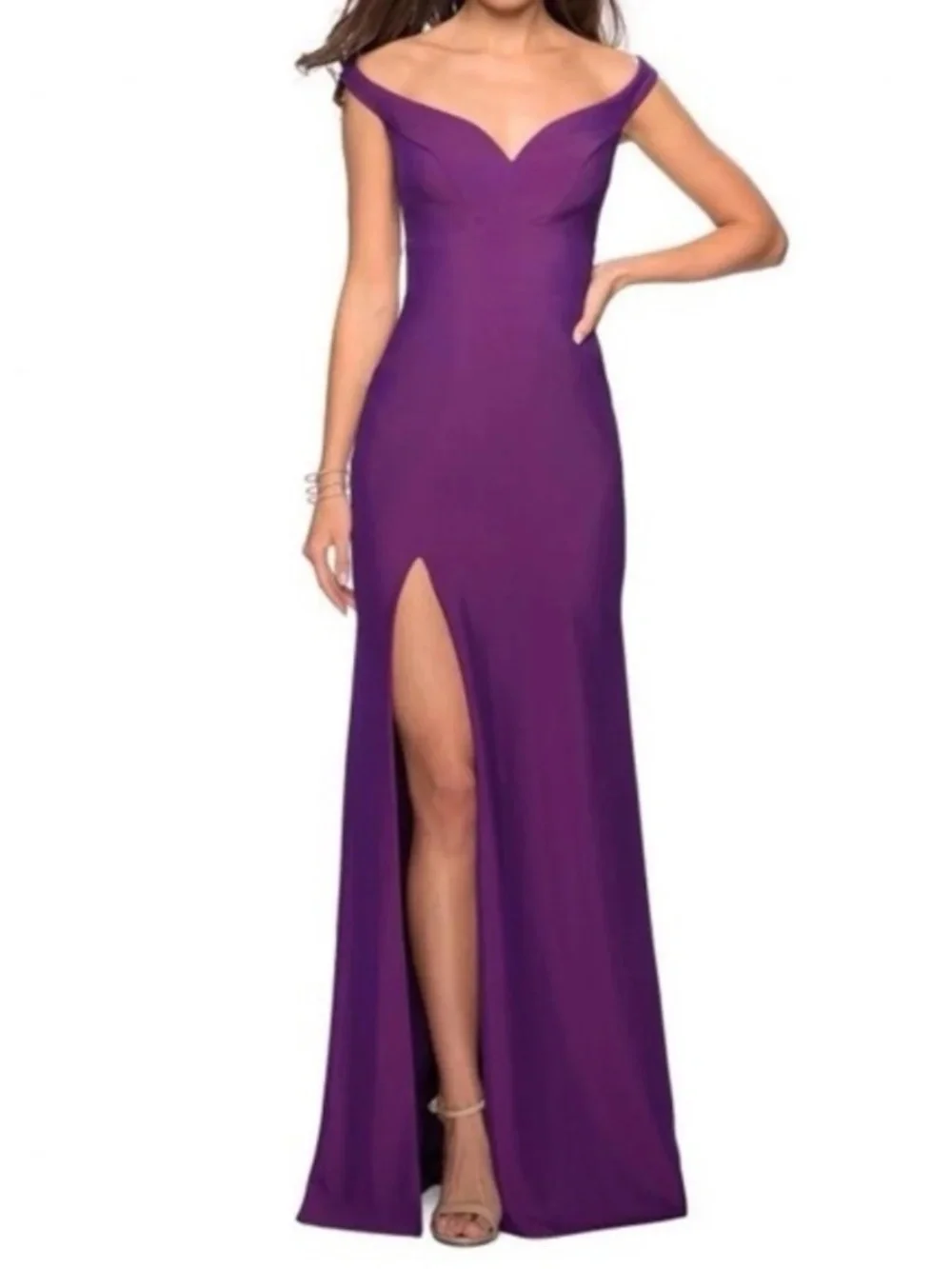 La Femme Violet Purple Off Shoulder Gown Formal Maxi Dress Side Slit Size Small